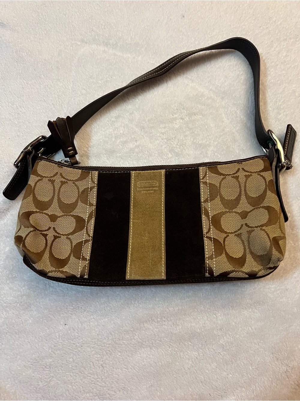 Coach Brown Signature Canvas Shoulder Bag with Tan Stripe
